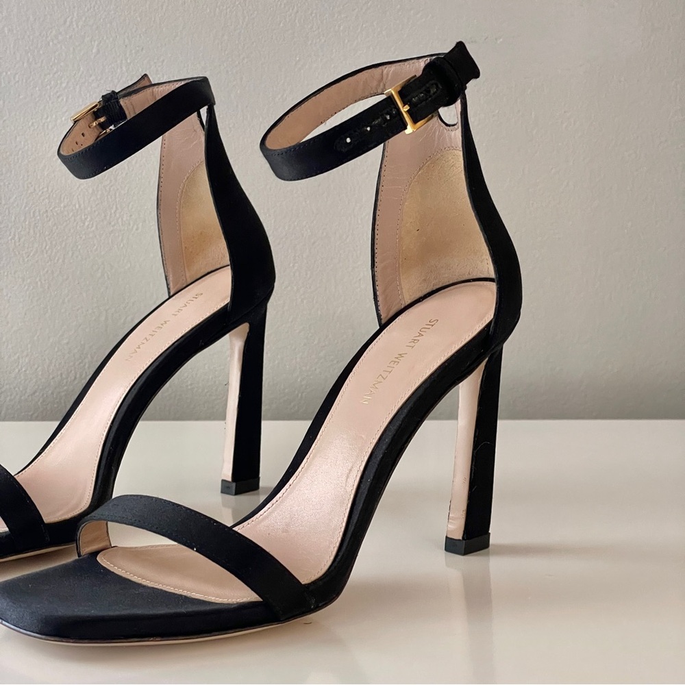 STUART WEITZMAN Black Silk Satin Square Nudist Heel Sandal - Picture 4 of 8
